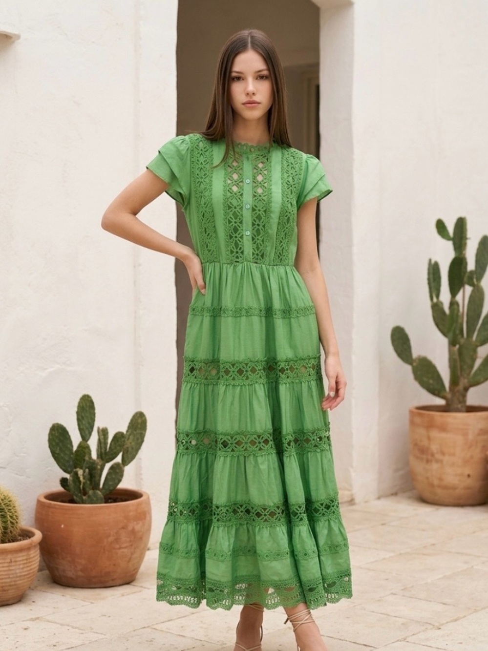 Sunday Up Tiered Maxi with Flutter Sleeves and Intricate Lace Sz S